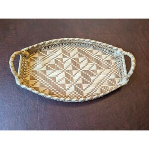 Vintage Handwoven Oval Basket Tray with Handles Natural Wicker Rattan Boho 14x8